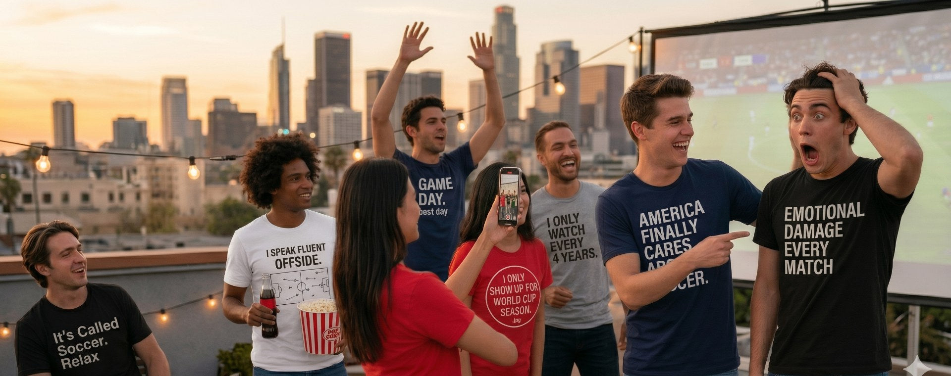 Friends watching the World Cup in SoccerMood tees