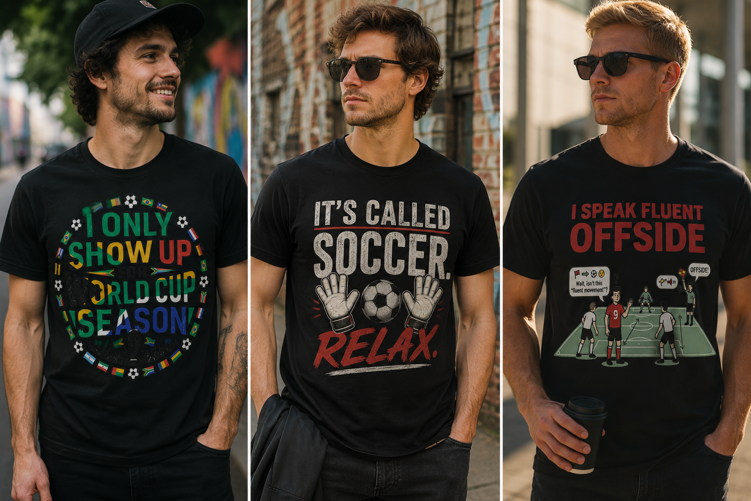 Three soccer fans wearing SoccerMood tees on the street